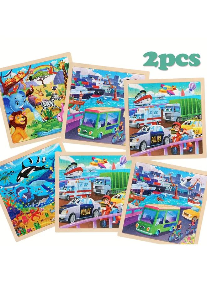 نمط 2 ألغاز مركبات خشبية حيوانات للأطفال 2 قطعة 100 قطعة هدية سفر تعليمية - Image 1